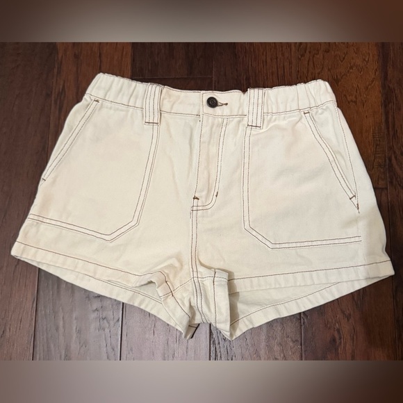 PACSUN Cream Denim Trendy Shorts Brown Stitching Size Medium 100% Cotton - Picture 1 of 11